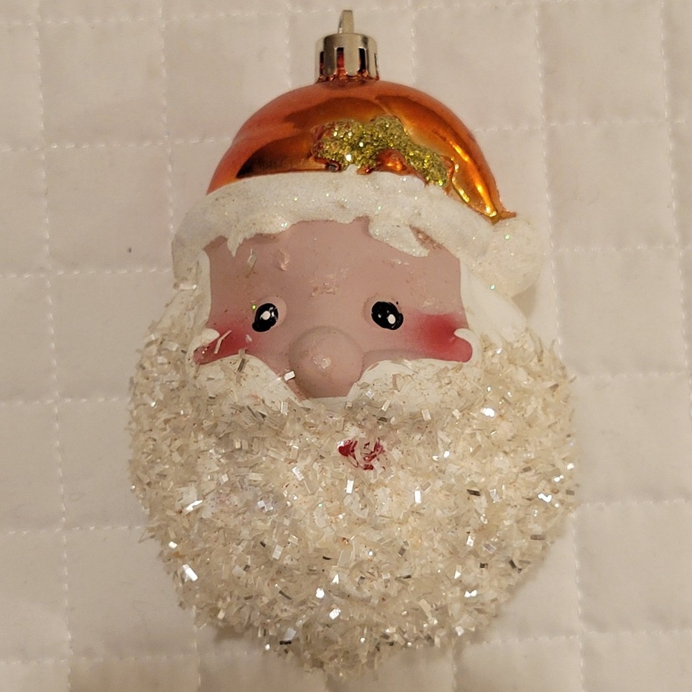 VTG Adorable Santa Head Glitter Beard Christmas Plastic Ornament Holiday Festive